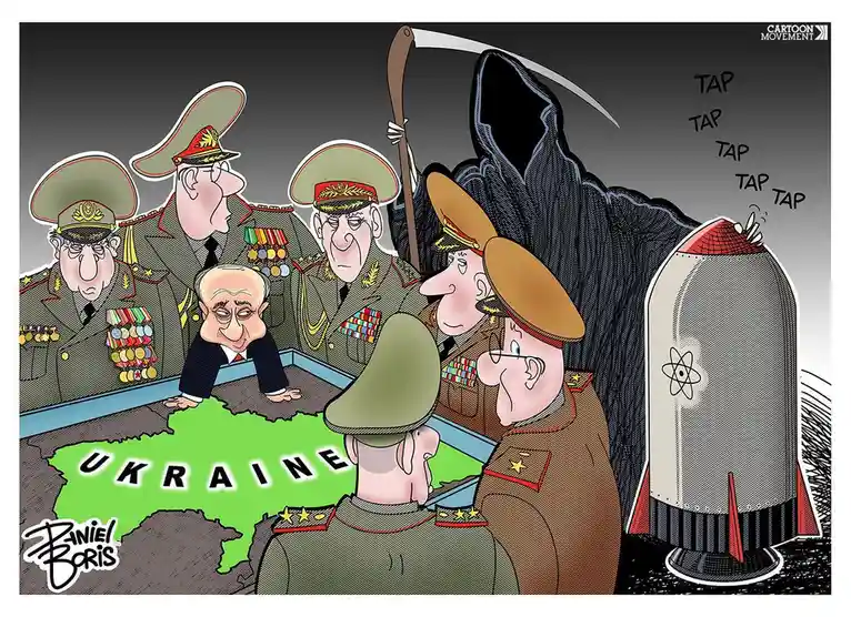 A political cartoon shows Vladimir Putin leaning over a map labeled 'UKRAINE' while surrounded by Russian military officers…
