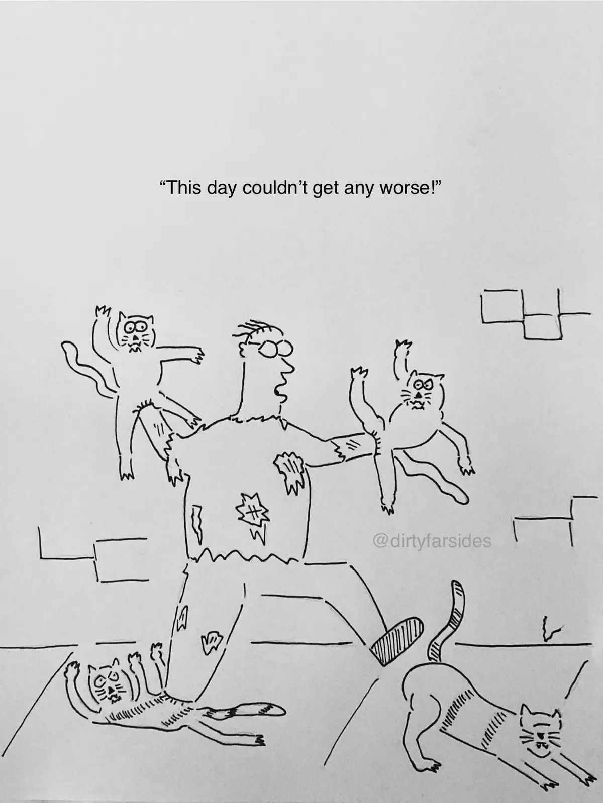 A simple black-and-white line drawing shows a man with glasses, looking overwhelmed, as four cats attack him from all…