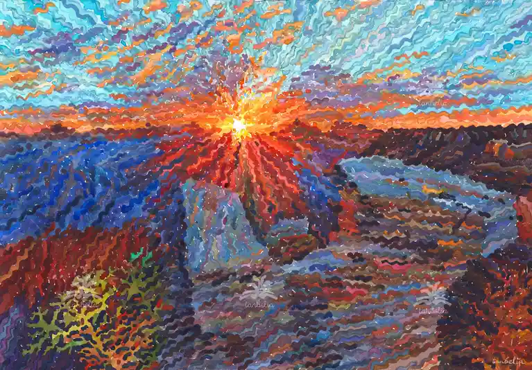 A vibrant, abstract watercolor painting depicts a stylized sunrise or sunset with a bright yellow-orange sunburst at the…