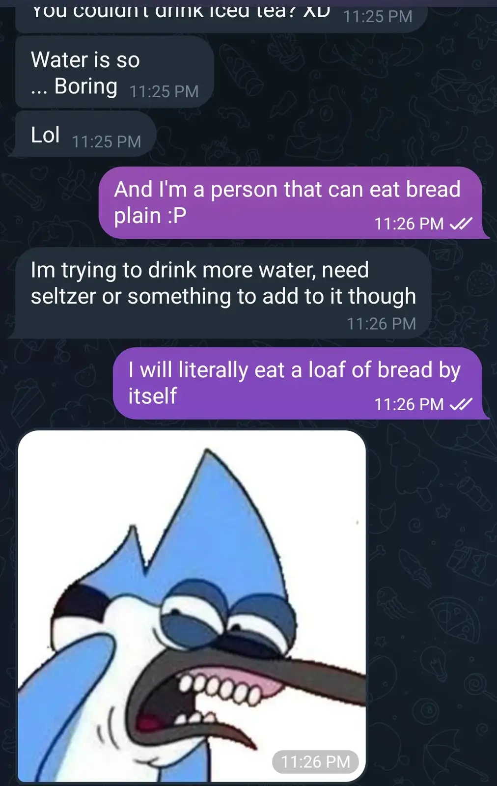 A screenshot of a text conversation where one person says water is boring and needs seltzer to drink it, while another…
