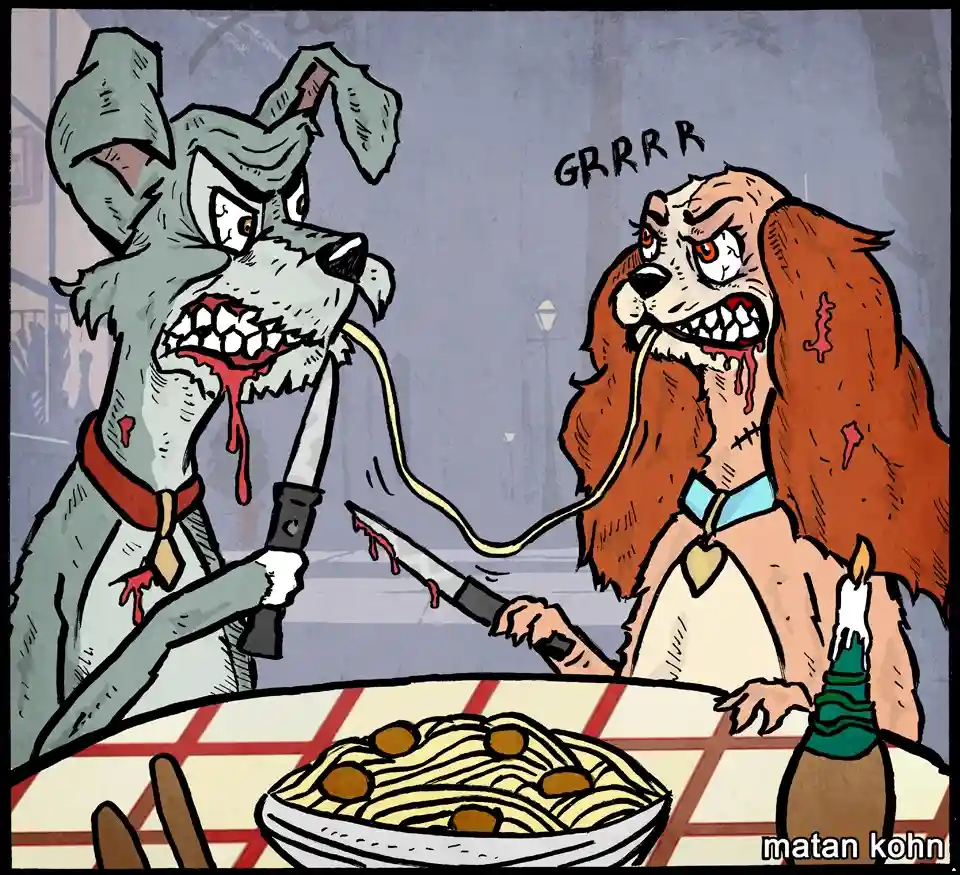 Two cartoon dogs with bloodied mouths and angry expressions are seated at a table with a bowl of spaghetti and meatballs…