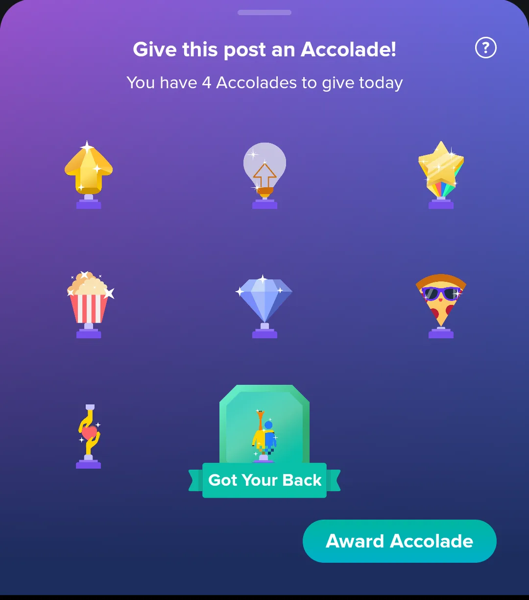 A mobile app interface shows a selection of colorful, cartoonish award icons like a trophy, lightbulb, star, popcorn…