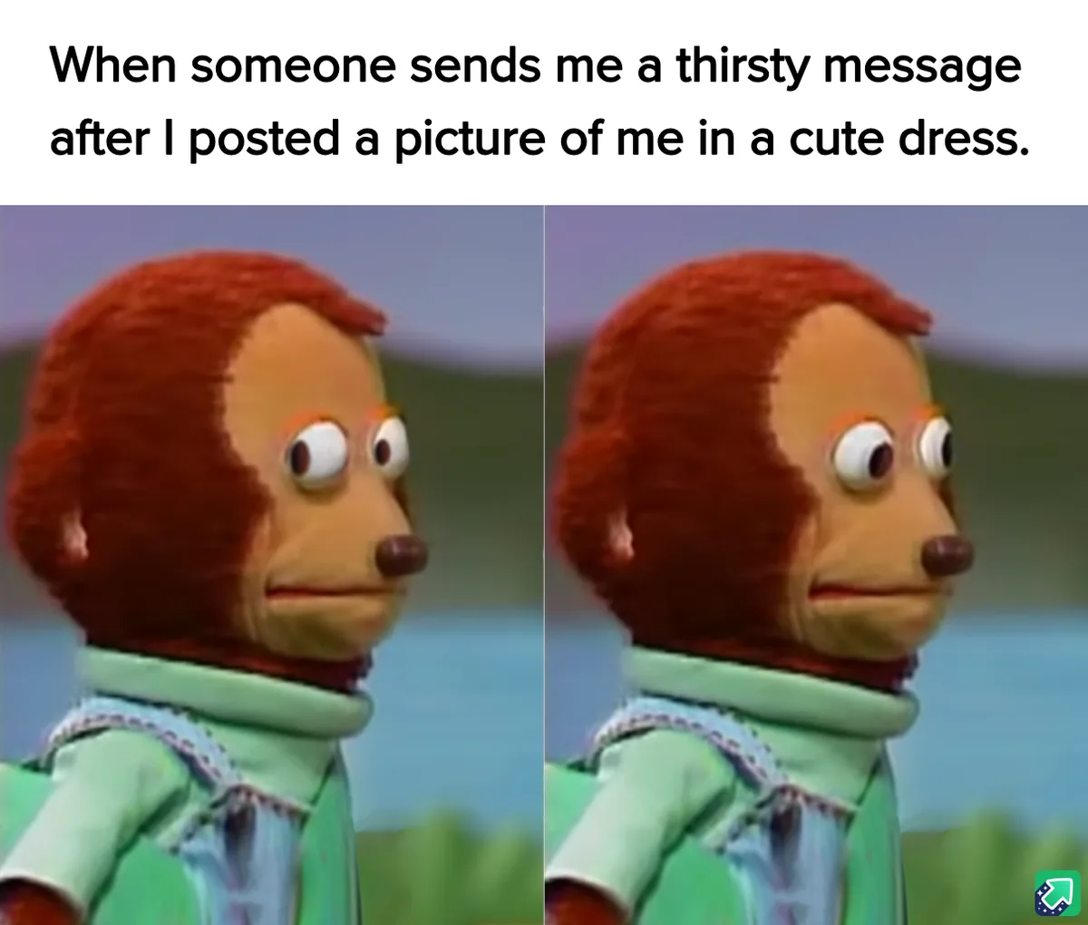 The image shows two side-by-side panels of a cartoon monkey puppet with red fur, large eyes, and a green outfit, looking…