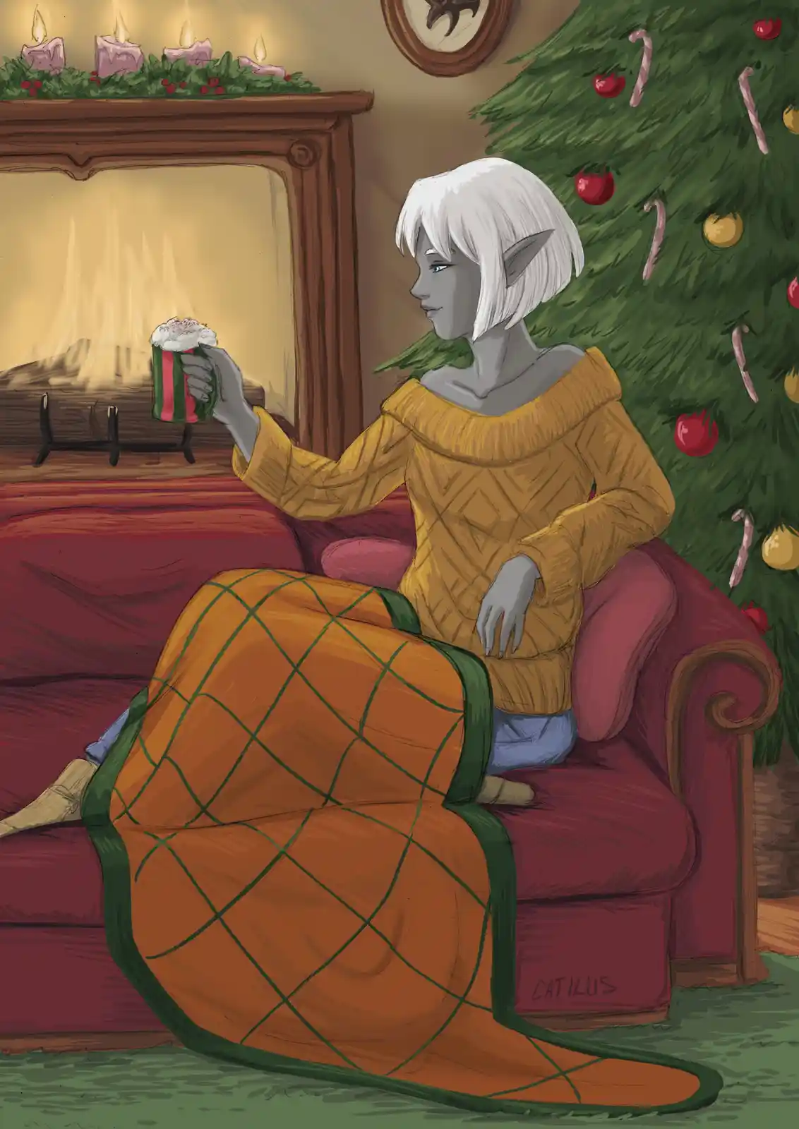 An elf-like character with white hair and pointed ears sits cozily in a red armchair, wrapped in an orange quilted blanket…
