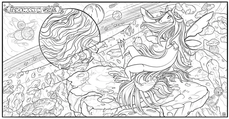 A black-and-white line art coloring page depicts a stylized, winged horse-like creature with long flowing hair and a tail…