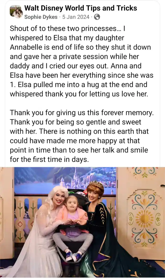 A screenshot of a social media post by Sophie Dykes from January 5, 2024, titled 'Walt Disney World Tips and Tricks'. The…