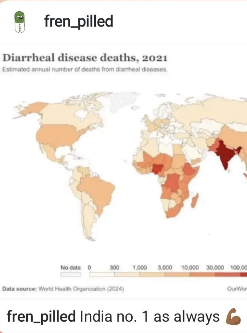A world map showing estimated diarrheal disease deaths in 2021, with India colored in the darkest red, indicating the…