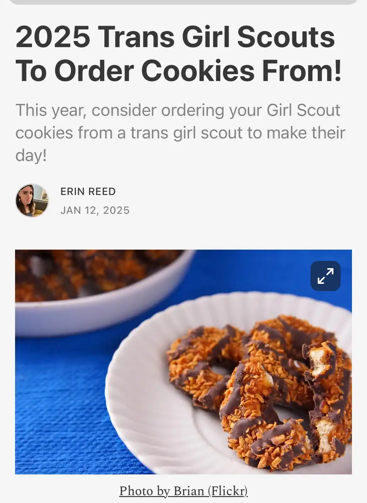 The image displays a mock news article with a headline and subtext suggesting ordering Girl Scout cookies from trans girls…