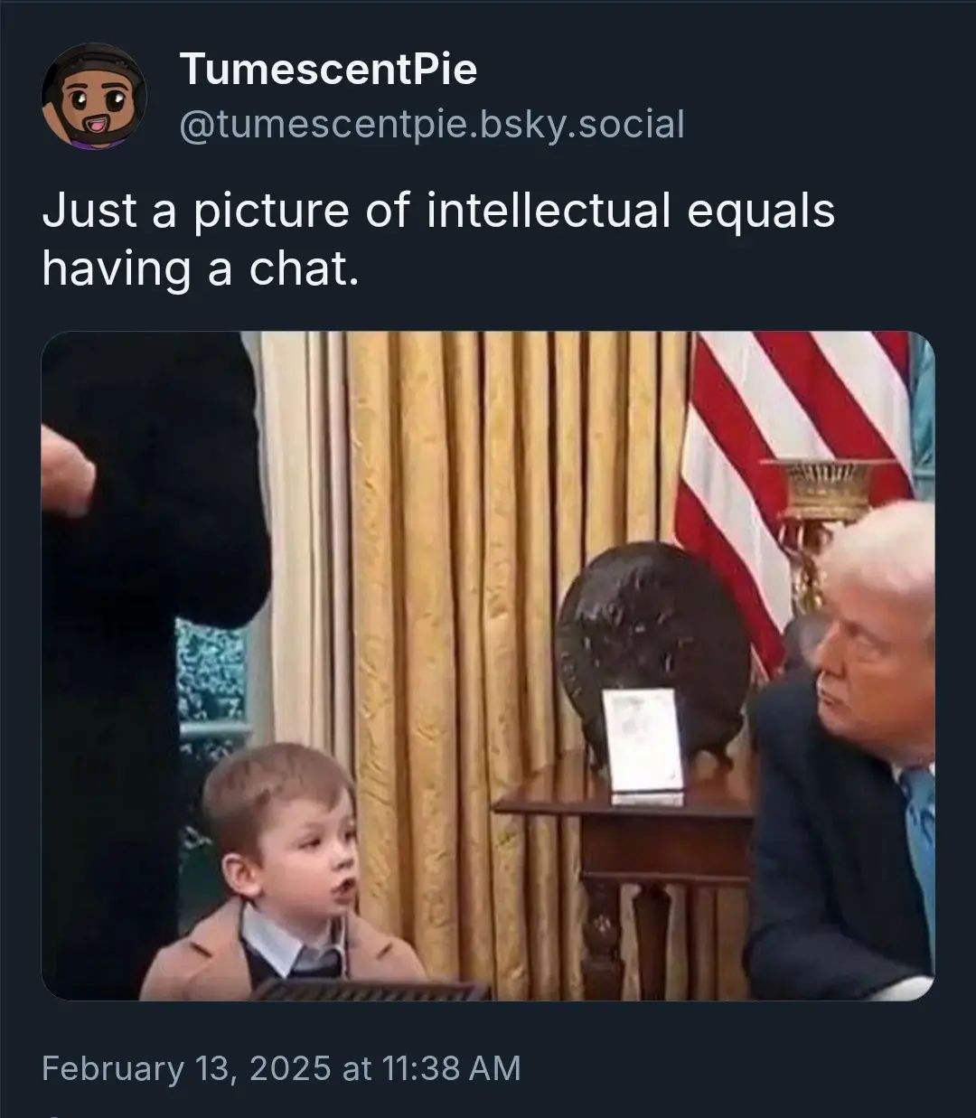 A screenshot of a social media post shows a young boy in a suit sitting next to former U.S. President Donald Trump in what…