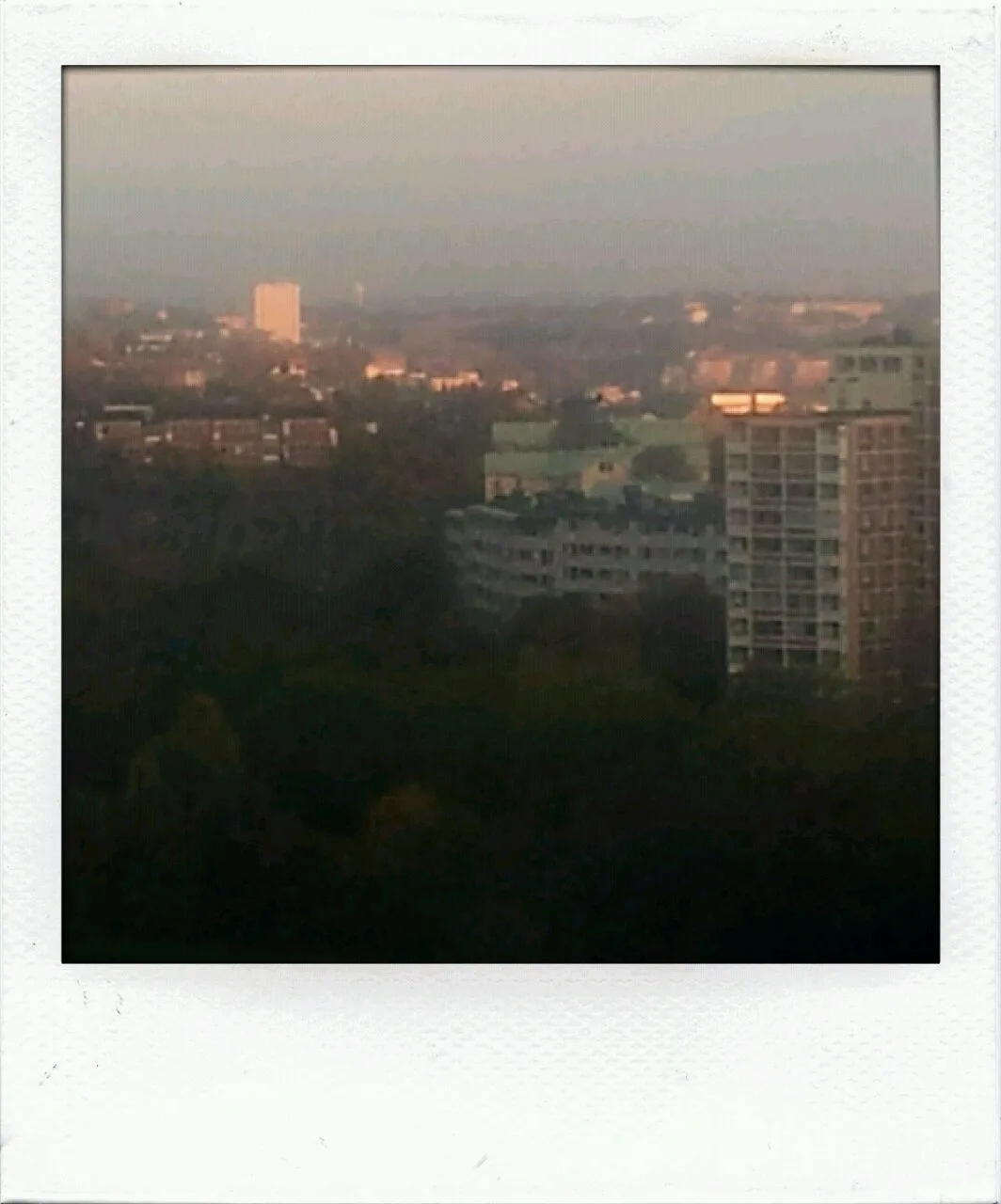 A blurry, low-resolution Polaroid-style photo shows a hazy cityscape with buildings and trees, overlaid with the text 'i'm…