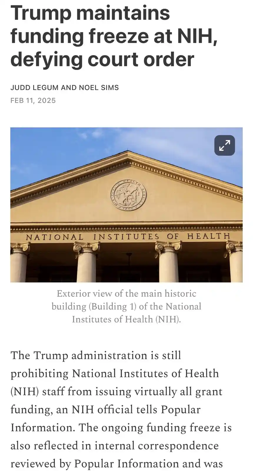 A news article screenshot shows a photo of the National Institutes of Health building with the headline 'Trump maintains…