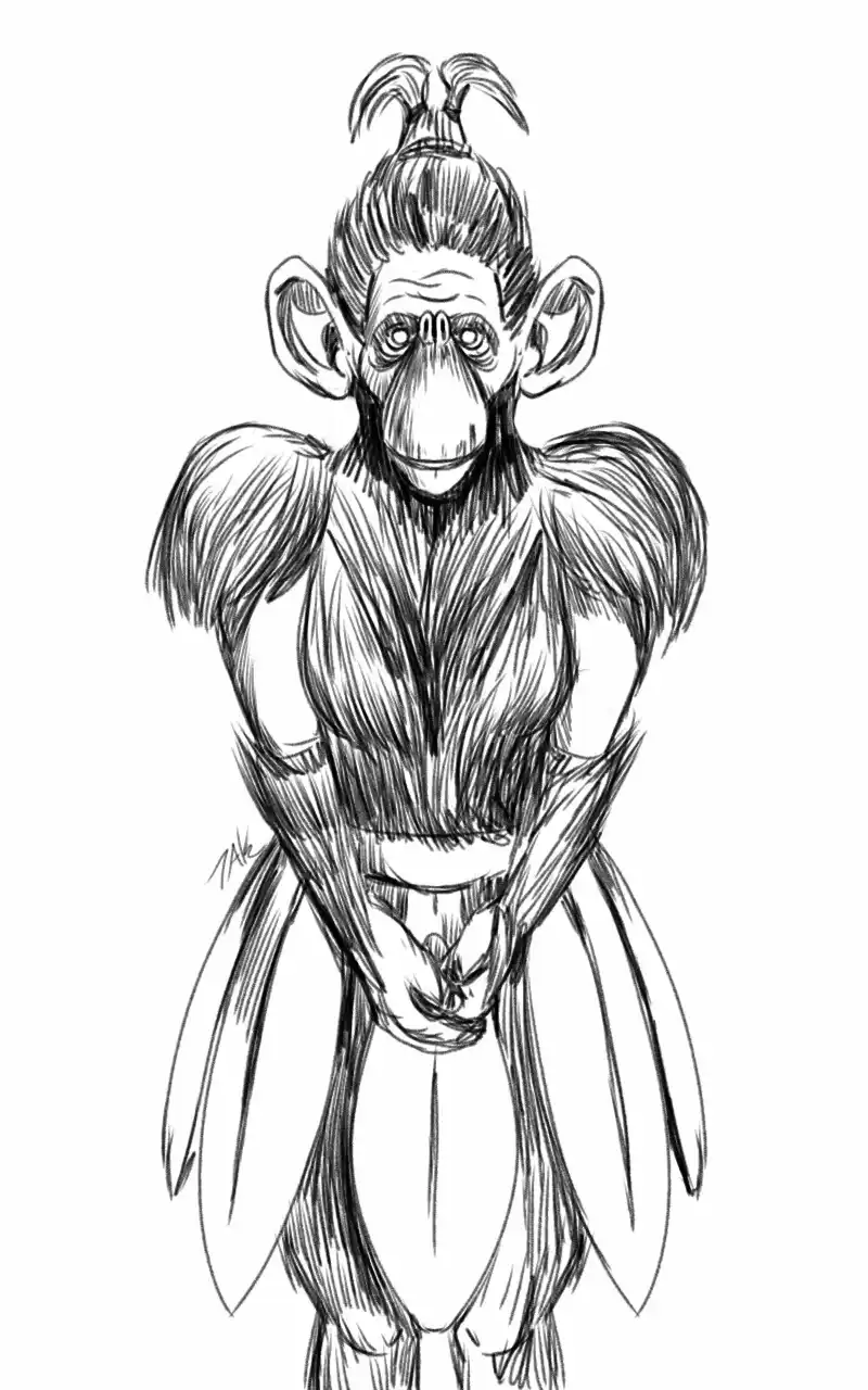 A black-and-white sketch depicts a humanoid figure with a monkey's head, large ears, and facial features, but with a human…