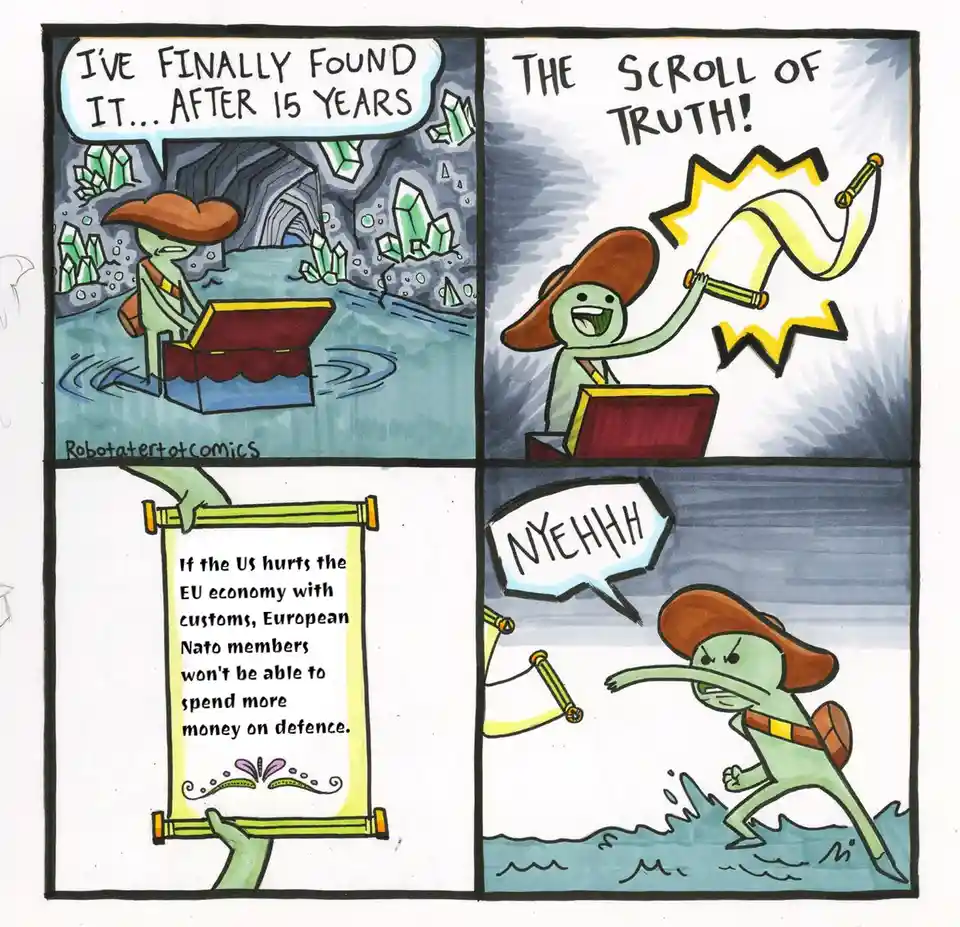 A four-panel comic shows a green, squid-like character in a brown hat finding a treasure chest in a cave, then pulling out a…