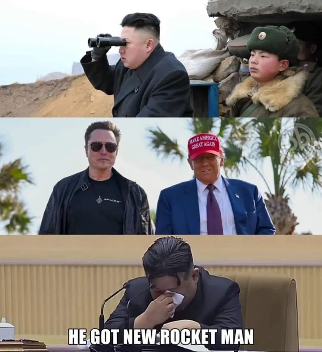 The meme is a three-panel image. The top panel shows Kim Jong-un looking through binoculars while a young soldier stands…