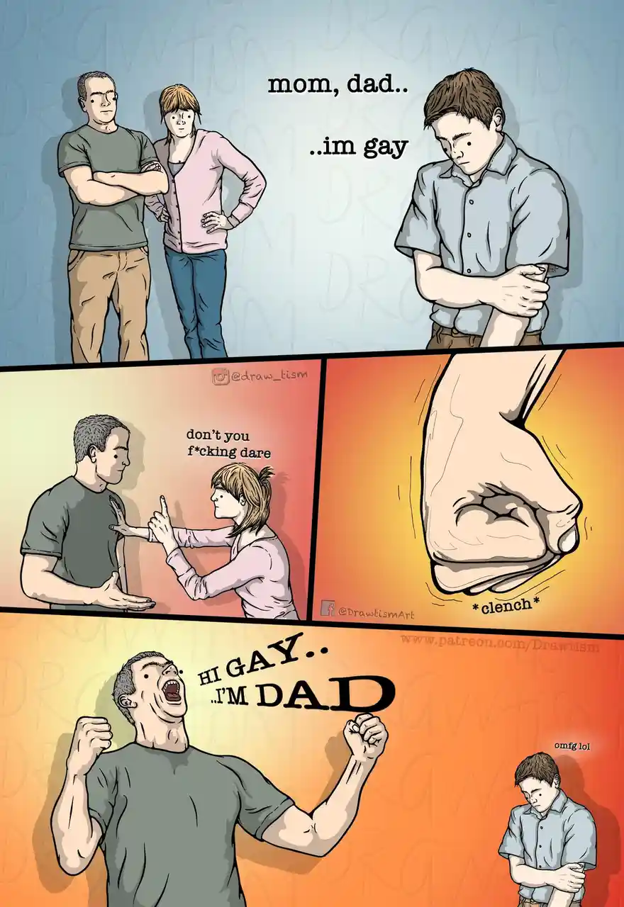 A three-panel comic strip depicts a young man nervously telling his parents he's gay. His mother angrily stops his father…