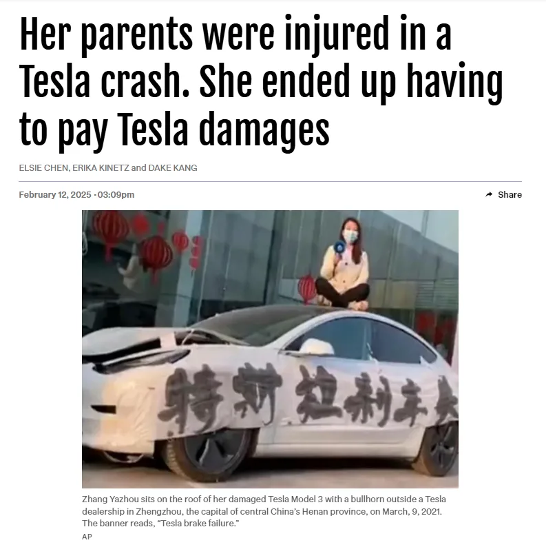 A woman sits cross-legged on the roof of a white Tesla Model 3 that has visible front-end damage. The car's side is covered…