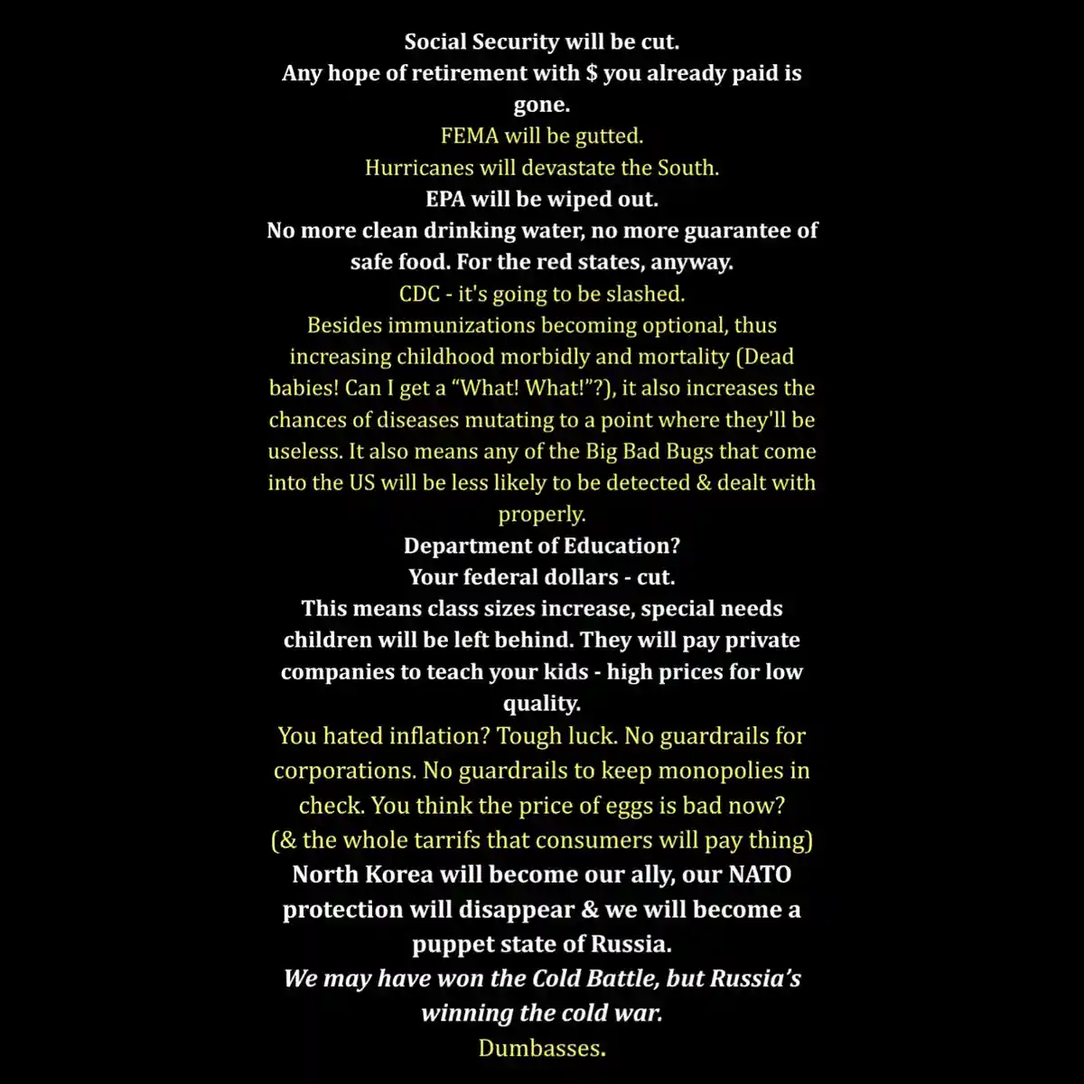 A black background with white and yellow text listing a series of dire predictions about the future of the United States…