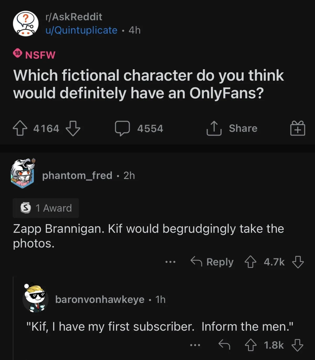 A screenshot of a Reddit AskReddit post asking which fictional character would have an OnlyFans, with a top reply suggesting…