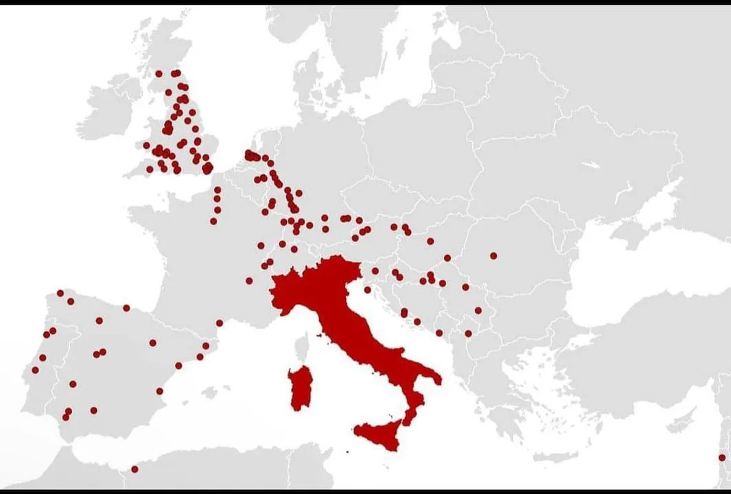 a map of europe with numerous red dots scattered across various countries, but notably, only the country of italy is fully…