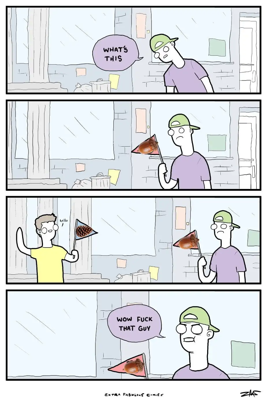 A four-panel comic shows a man in a green cap holding a small flag with an acorn on it, asking 'WHAT'S THIS'. Another man in…