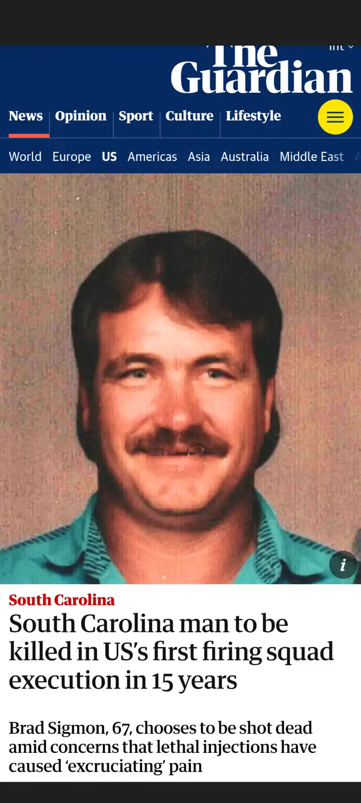 A screenshot of a The Guardian news article shows a mugshot of a smiling man with a mustache wearing a teal shirt. The…
