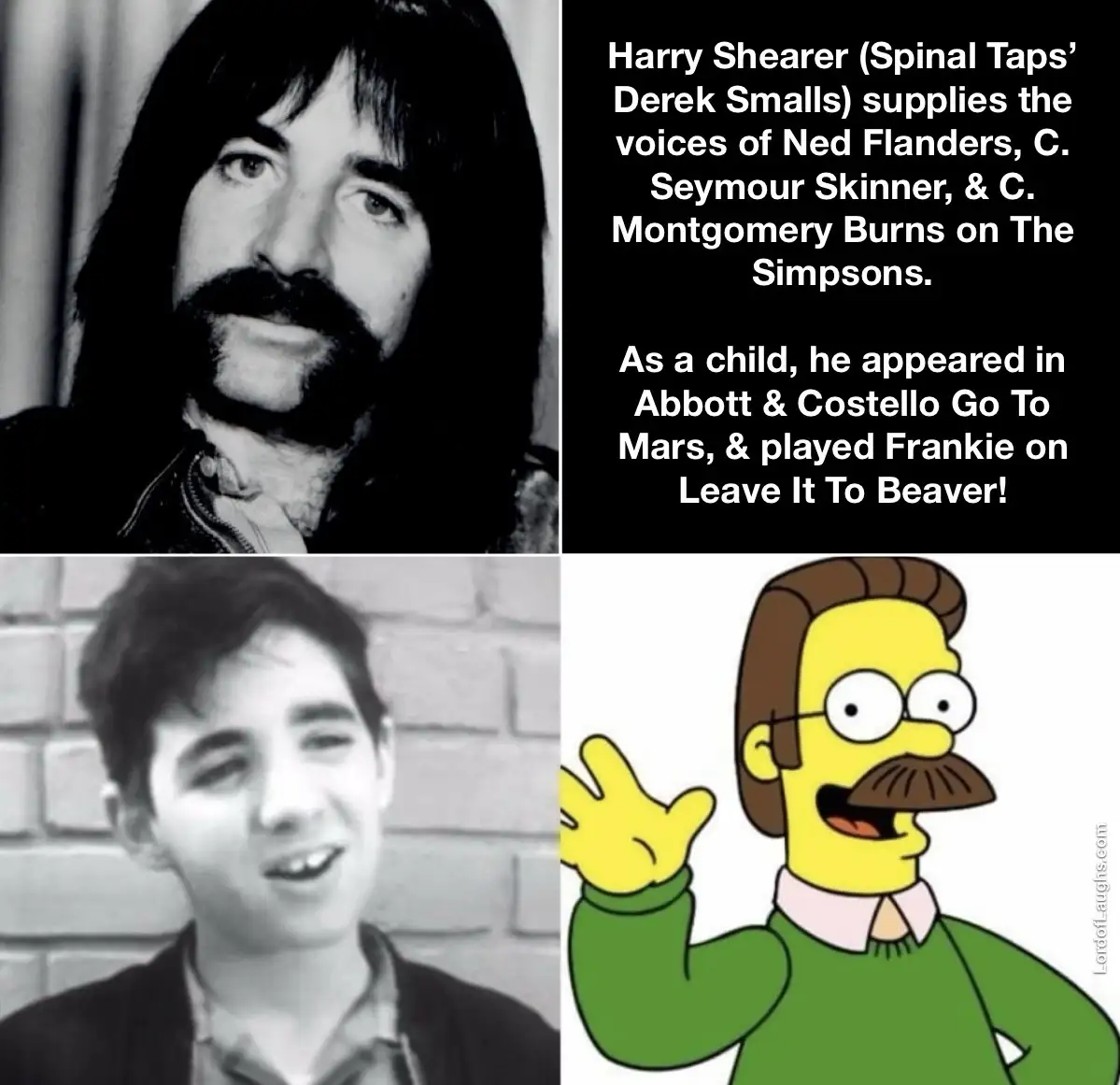 The image is a four-panel meme. Top left: black-and-white photo of adult Harry Shearer. Top right: black background with…