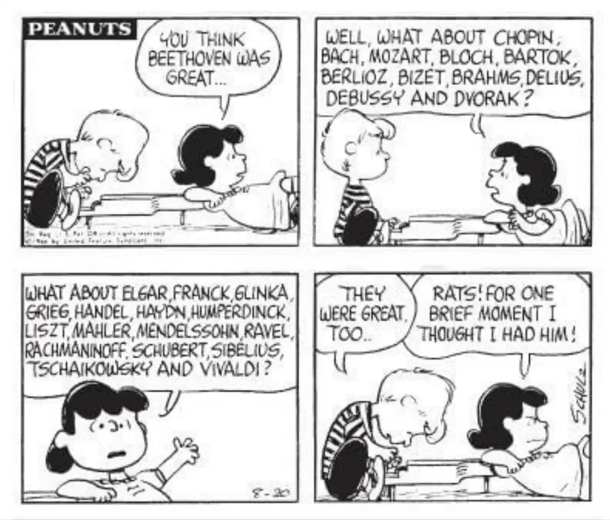 A four-panel Peanuts comic strip shows Lucy and Linus debating classical composers. Linus starts by asking if Beethoven was…