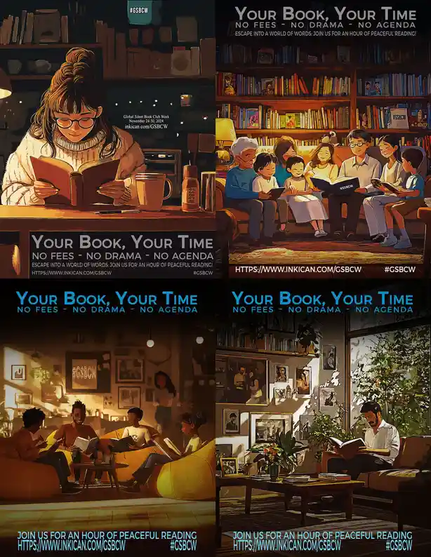 This promotional image for Global Silent Book Club Week features four illustrated scenes of diverse people reading books in…