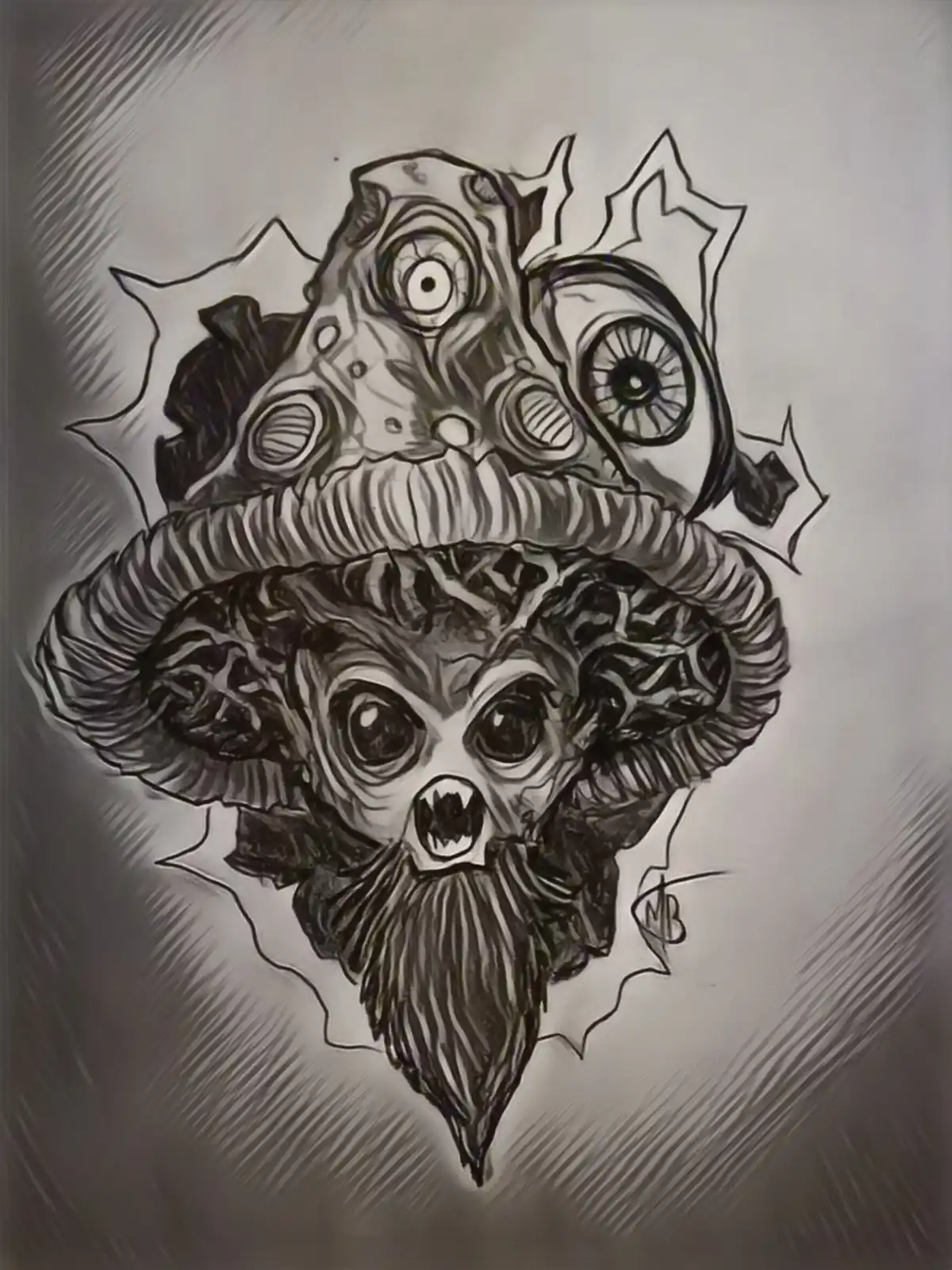 A black-and-white sketch depicts a surreal, monstrous creature with a ram's head, large curved horns, and a long beard…