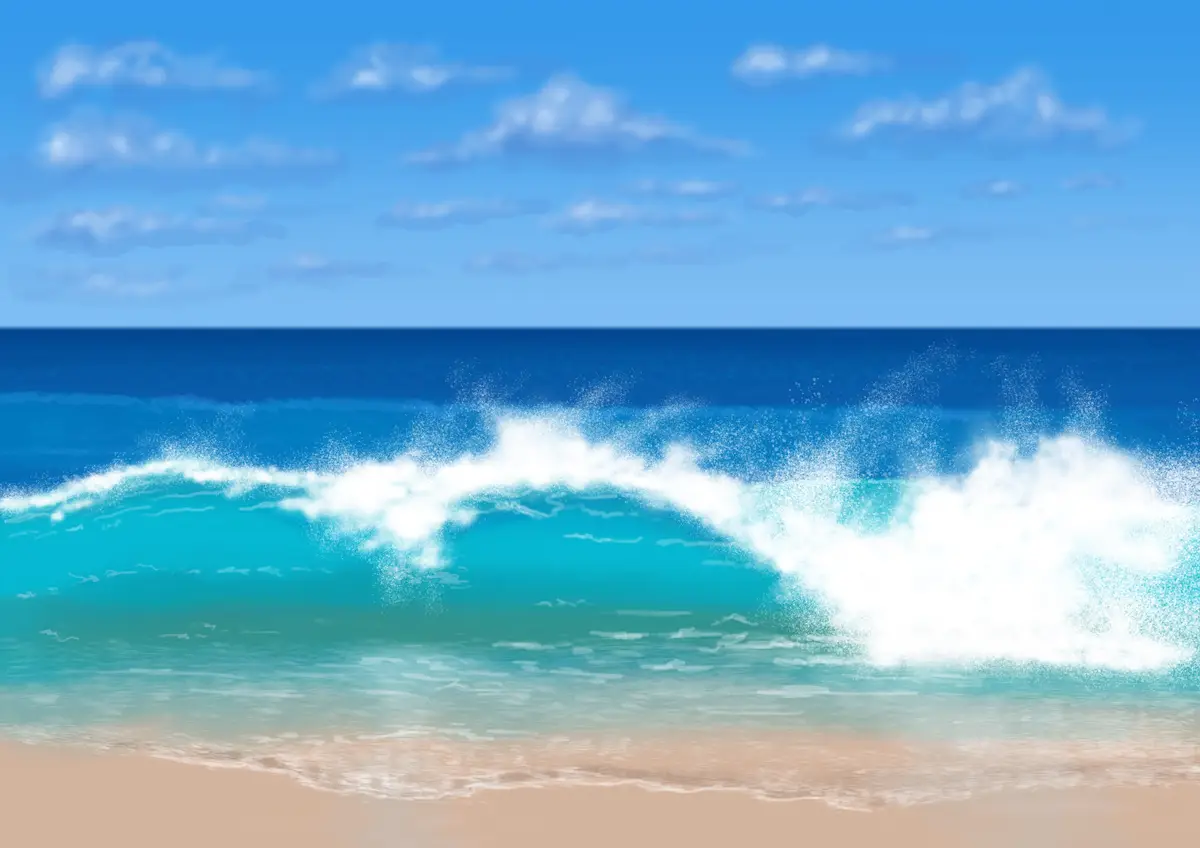 A vibrant, cartoon-style beach scene shows a large, turquoise ocean wave crashing onto a sandy shore under a bright blue sky…