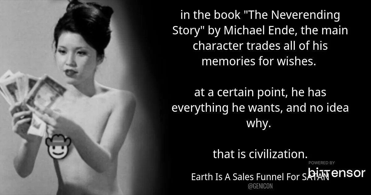 A black-and-white photo of a woman holding money, with overlaid text quoting a passage from 'The Neverending Story' about…