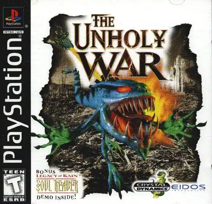 The image is a PlayStation game cover for 'The Unholy War,' featuring a large, blue, reptilian monster with sharp teeth and…