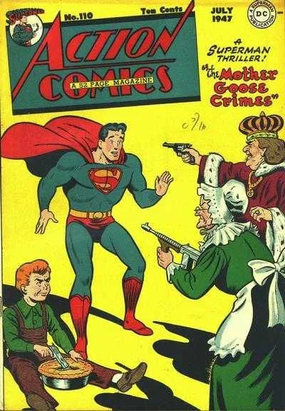 This is the cover of Action Comics #110 from July 1947, featuring Superman in his classic blue suit with red cape and boots…