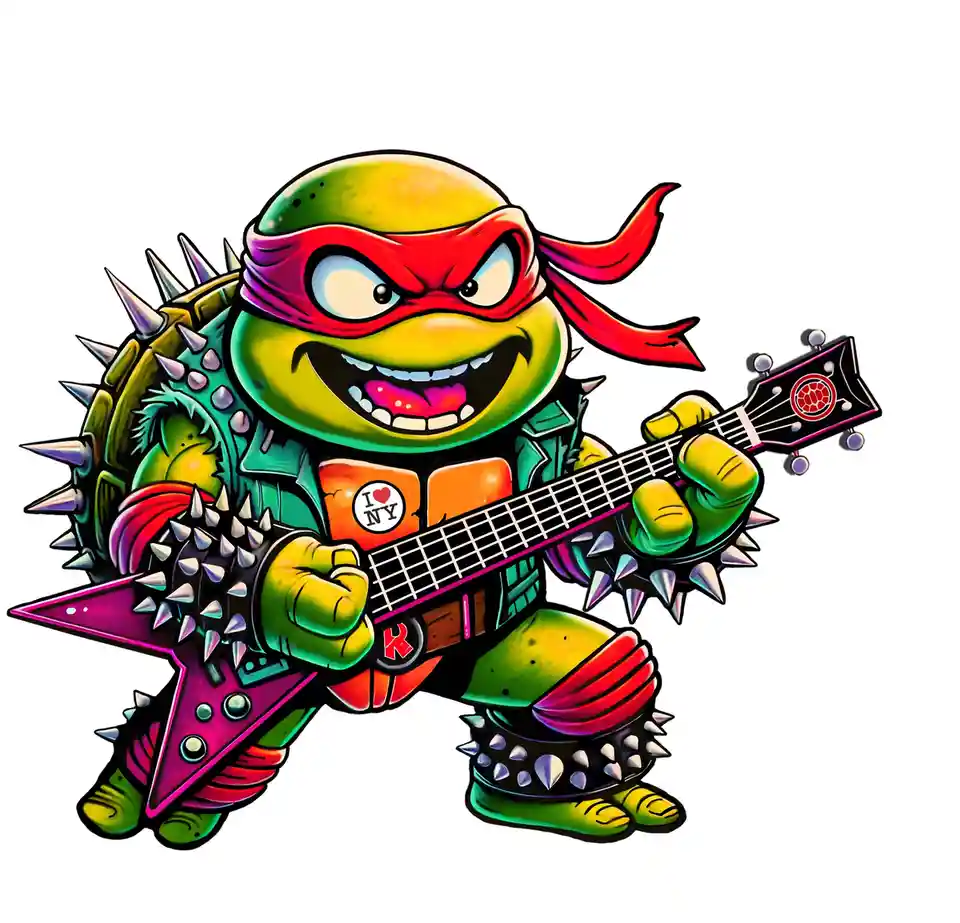 A cartoon turtle with a red bandana, spiky shell, and punk rock outfit is playing a spiked, star-shaped electric guitar. The…