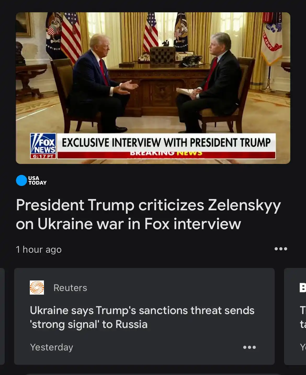 A still from a Fox News broadcast shows two men in suits seated across a large wooden desk in an ornate room with American…