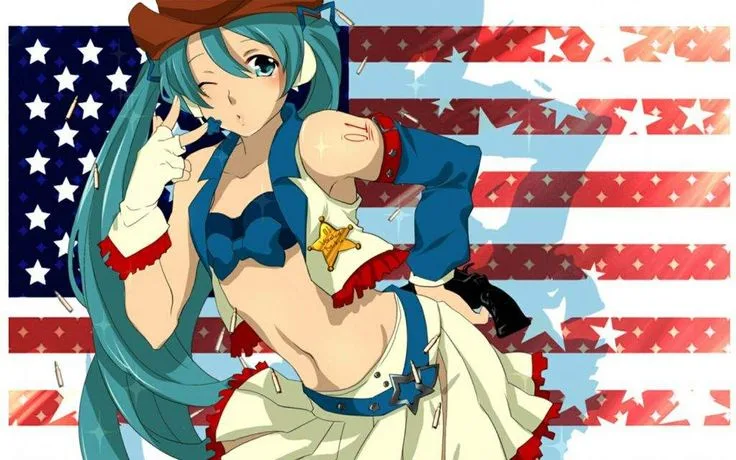 An anime-style character with turquoise hair and a cowboy hat poses confidently in front of a stylized American flag…