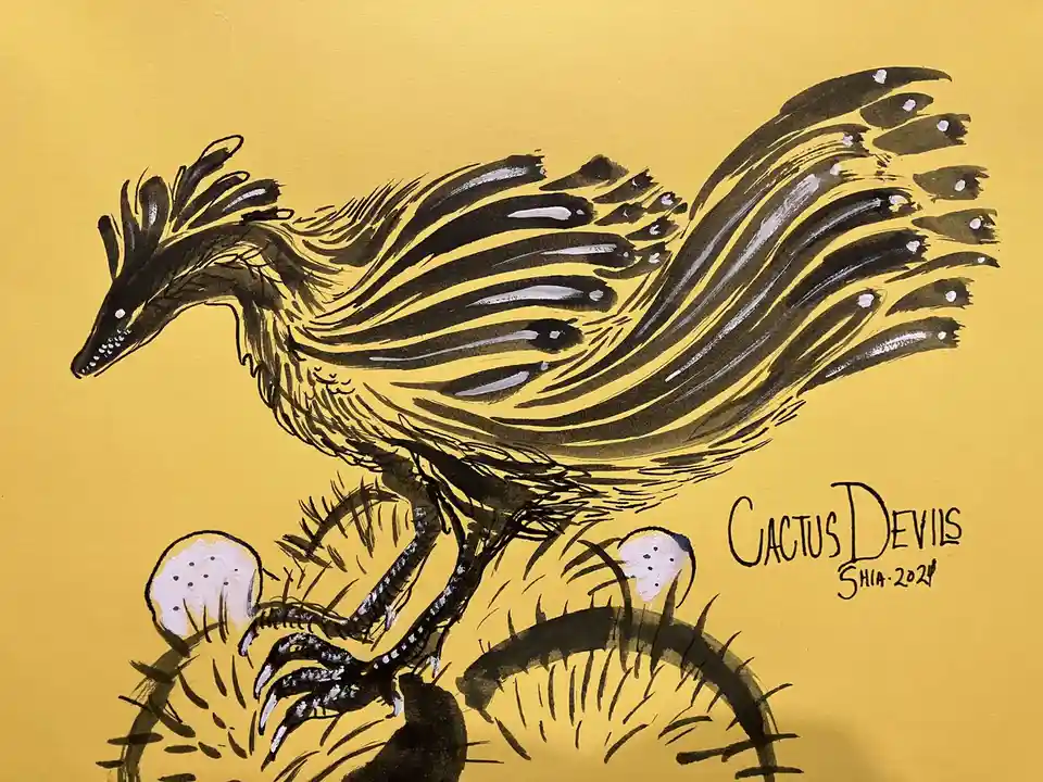A stylized black ink drawing on a yellow background depicts a fantastical, bird-like creature with a long, flowing tail and…