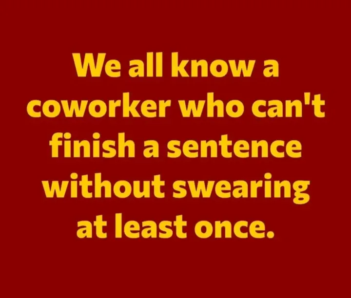 A solid red background with bold yellow text centered that reads: 'We all know a coworker who can't finish a sentence…