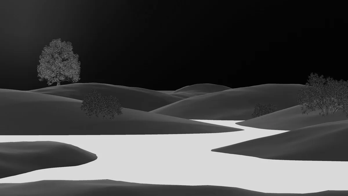 A grayscale digital landscape featuring rolling hills, a winding river, and sparse trees under a dark sky. The overlaid text…