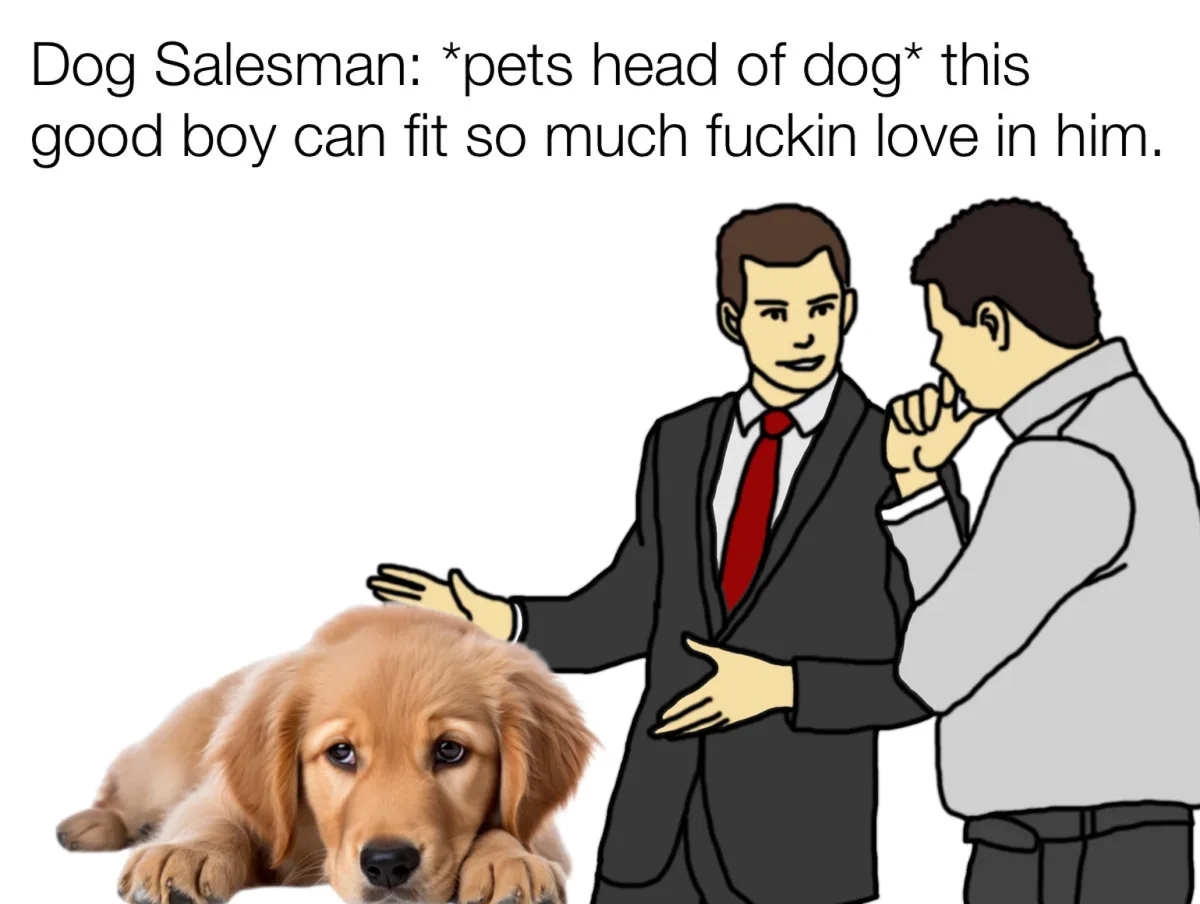 A cartoon depicts a man in a suit petting a golden retriever puppy while another man in a grey shirt looks on thoughtfully…