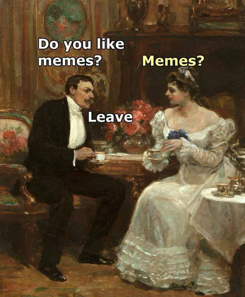 A vintage painting depicts a man in a tuxedo and a woman in a white gown seated at a tea table. Text overlaid on the image…