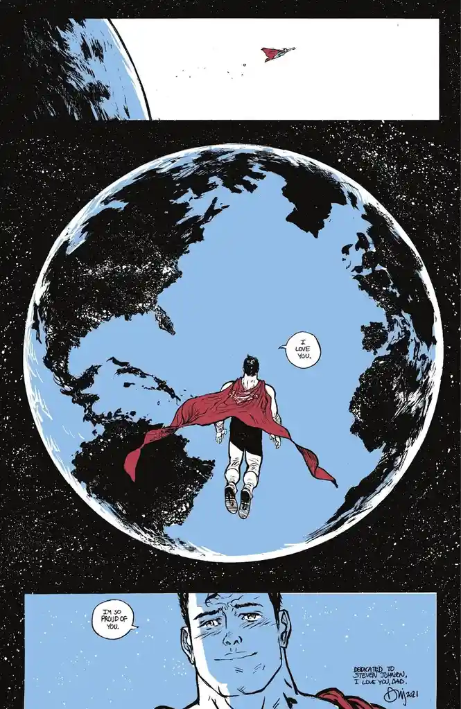 A comic panel shows a superhero in a red cape floating above Earth, saying 'I LOVE YOU.' Below, a close-up of his face…