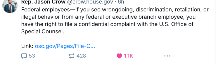 A screenshot of a tweet from Rep. Jason Crow @crow.house.gov, posted 6 hours ago, which states that federal employees have…