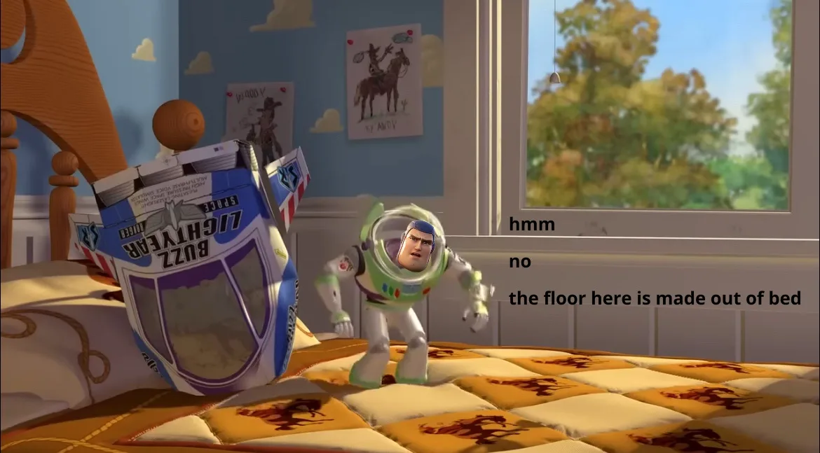 A still from Toy Story 3 shows Buzz Lightyear standing on a bed with a quilted yellow and orange pattern, next to a…