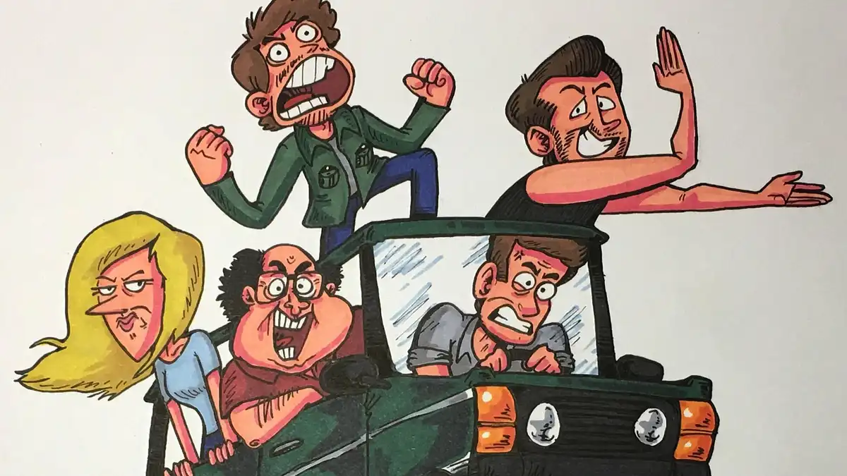 A cartoon drawing shows five exaggeratedly expressive people in and around a green jeep. One man in a green jacket stands on…