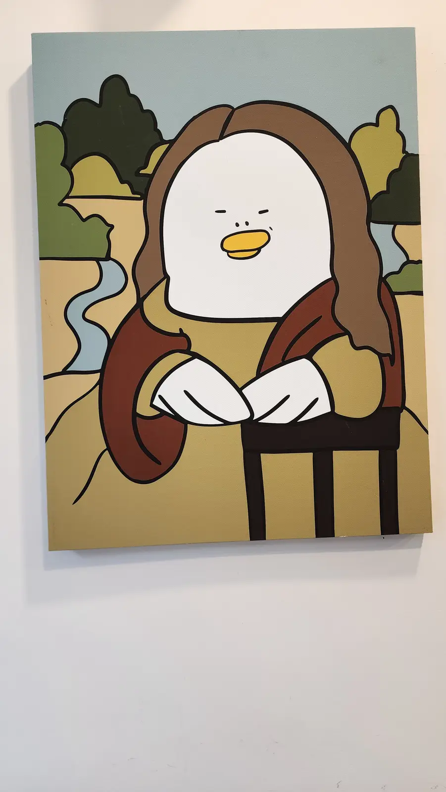 A cartoon duck with a white face, yellow beak, and brown hair is depicted in a painting style resembling Leonardo da Vinci's…