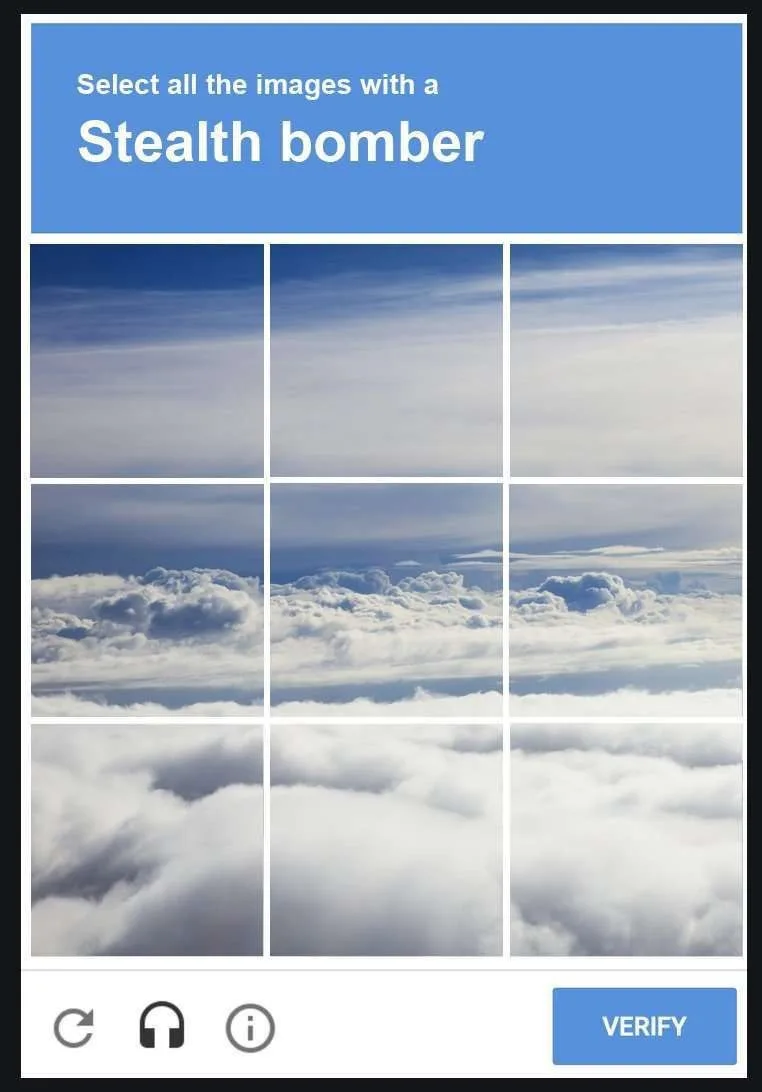 An image mimicking a CAPTCHA interface with a blue header reading 'Select all the images with a Stealth bomber' above a 3x3…