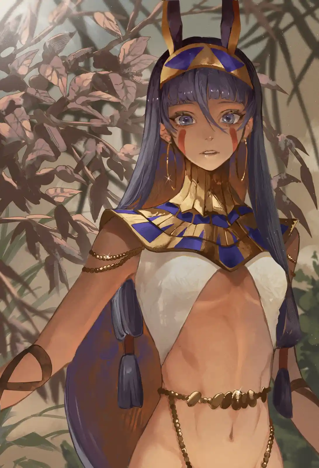 An anime-style illustration of a young woman with long purple hair and blue eyes, wearing ancient Egyptian-inspired attire…