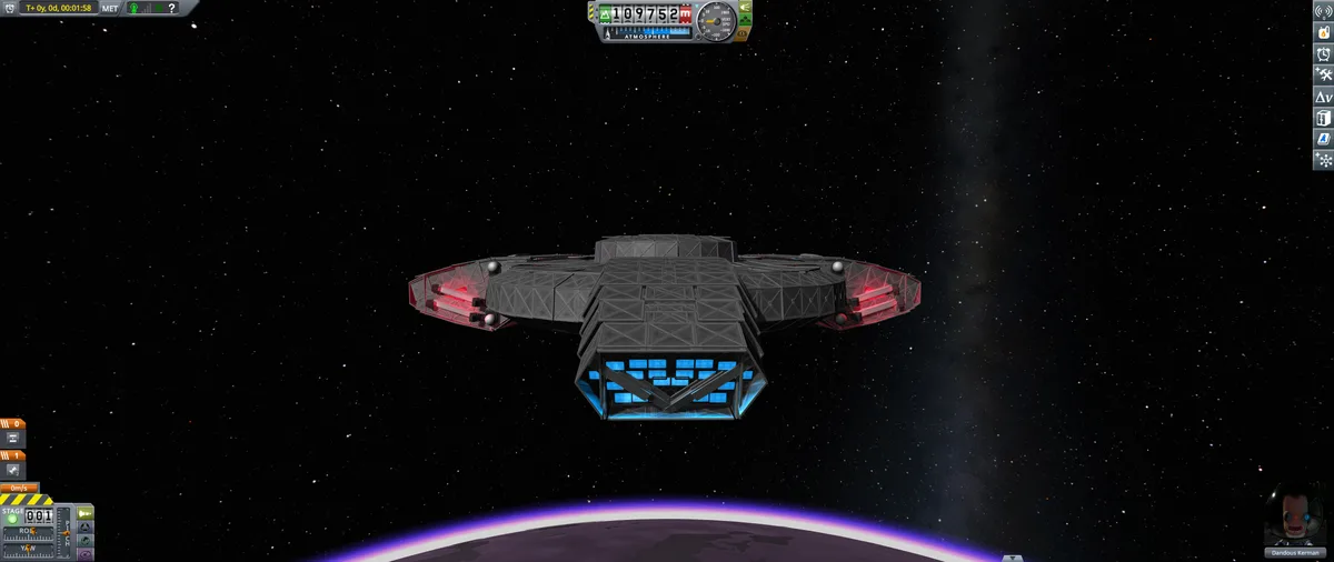 A screenshot from the game Kerbal Space Program shows a custom-built spacecraft hovering in space above a planet's…