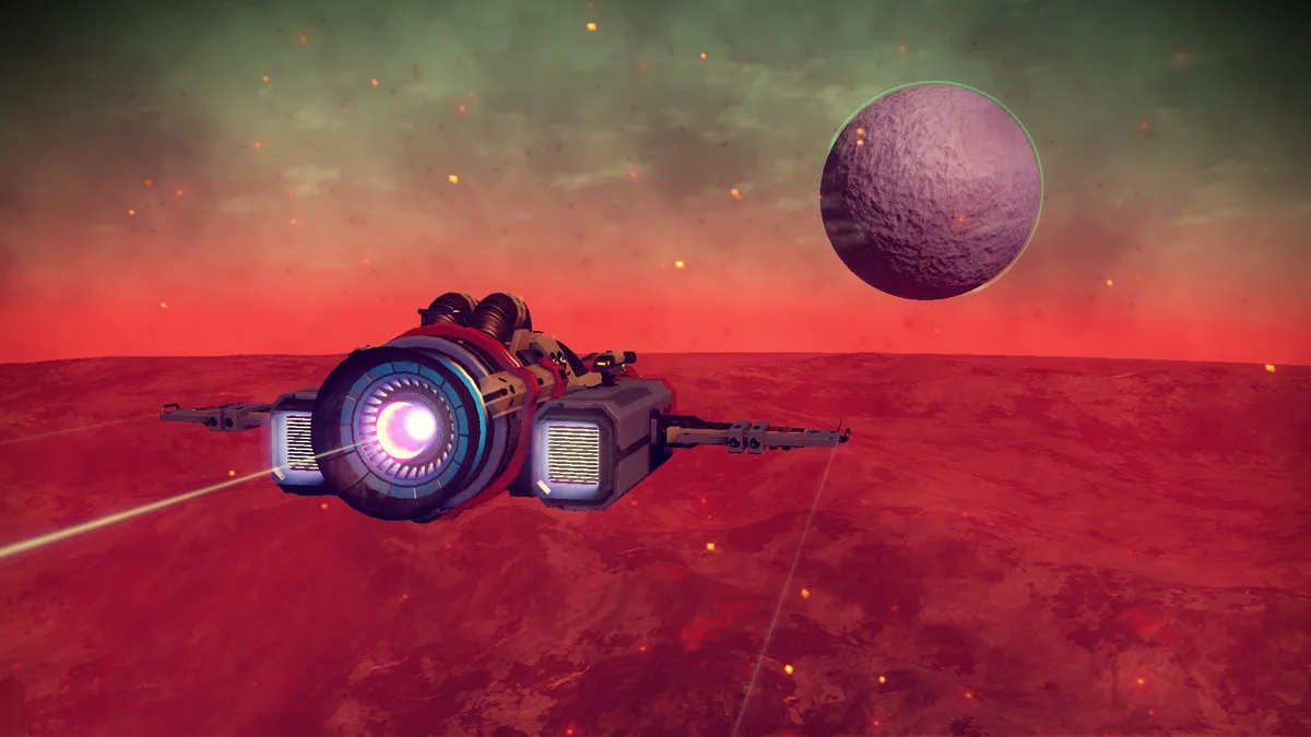 A sci-fi spaceship with glowing engines flies low over a red, rocky alien landscape under a reddish sky, with a large purple…